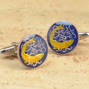 Coin Collector Gifts Hand Painted Cufflinks: Isle Of Man Blue Enamel, Enamelled Finish Mens Accessories, Upcycled Jewelry