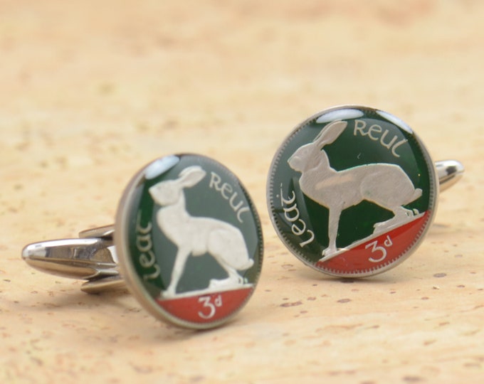 Ireland rabbit Cufflinks - Antique enamel coins Coin Collector Gifts,Dad Coin Gift,Upcycled,mens gift accessories jewelry