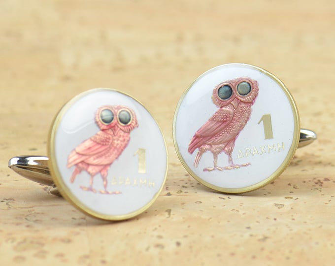 Coin Painted Cufflinks.Drachma Greece.Owl cufflinks Coin Collector Gifts,Dad Coin Gift,Upcycled,mens gift accessories jewelry