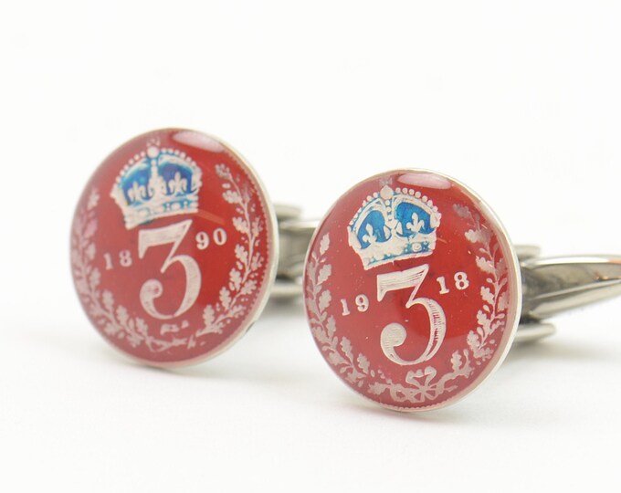 Enamel coin 3 pence Cufflinks Great Britain.United Kingdom. Accessories mens cuff links gift jewelry