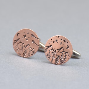 Mountain cooper cufflinks.Men accessories,Cuff links-Everest-Stainless steel leg.Stamped mountain trees moon shot star.Cooper, brass ,silver