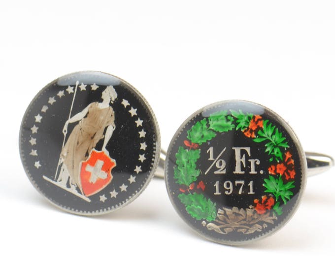 Switzerland coins Cufflinks.Enameled coins Coin Collector Gifts,Dad Coin Gift,Upcycled,mens gift accessories jewelry