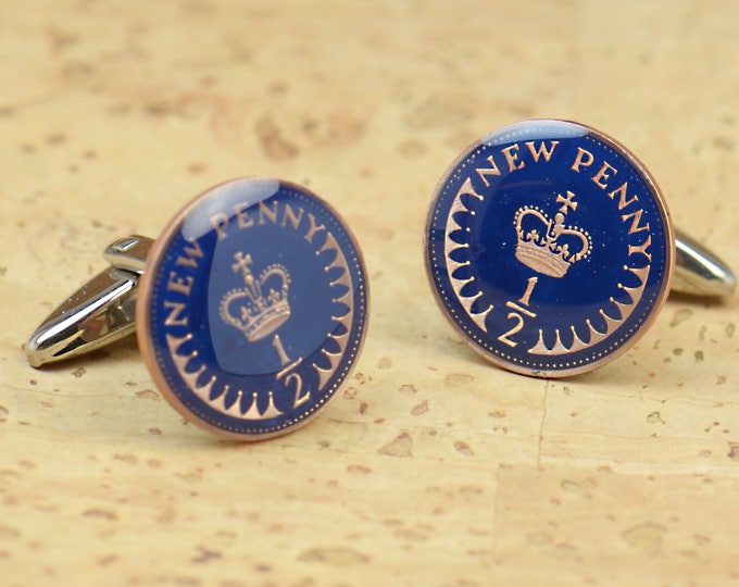 Coin 1/2 New Penny  Painted Cufflinks United Kingdom.Great Britain Coin Collector Gifts,Dad Coin Gift,Upcycled,mens gift accessories jewelry