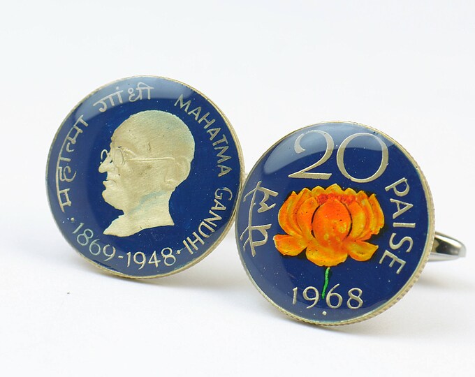 Enamel  Cufflinks-India Coin-Mahatma Gandhi Coin Collector Gifts,Dad Coin Gift,Upcycled,mens gift accessories jewelry