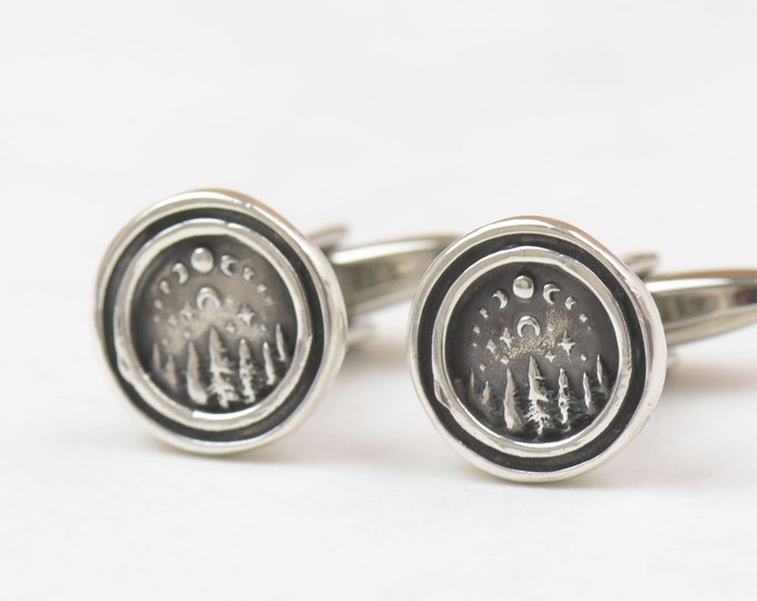 Moon phases sterling silver cufflinks.Men accessories,Cuff links-Stainless universe galaxy physics moon shot star.Forest Cufflinks