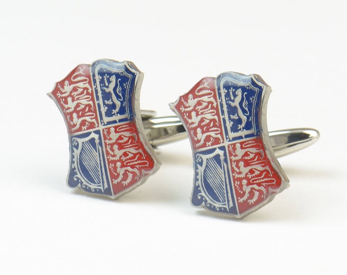 Half Crown Cufflinks.Cutted shield coin from half Crown.Great Britain Painted Cufflinks.United Kingdom