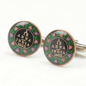 Enamel Cufflinks-India Coin.Enamelled coin.Stainless Steel leg.Mens gift cuff links accessories