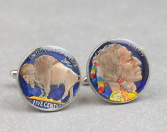 US Cufflinks Custom Personalized.Old Indian coin US Gifts,Dad Coin Gift,Upcycled,mens gift accessories jewelry.Bison Buffalo Cent Nickel