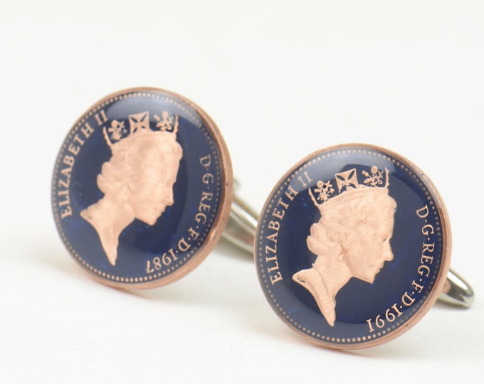 Coin Penny Painted Cufflinks United Kingdom.Great Britain.Queen Elizabeth II