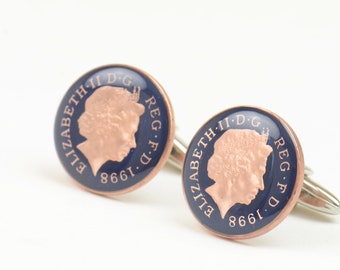 Coin Penny Painted Cufflinks United Kingdom.Great Britain.Queen Elizabeth II