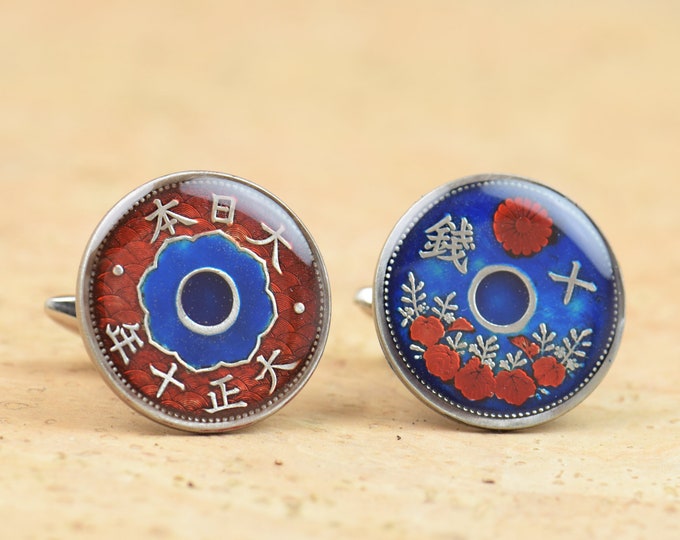 Japanese antique coin - Cufflinks  Japan Coin.Enamelled coin.Stainless Steel leg