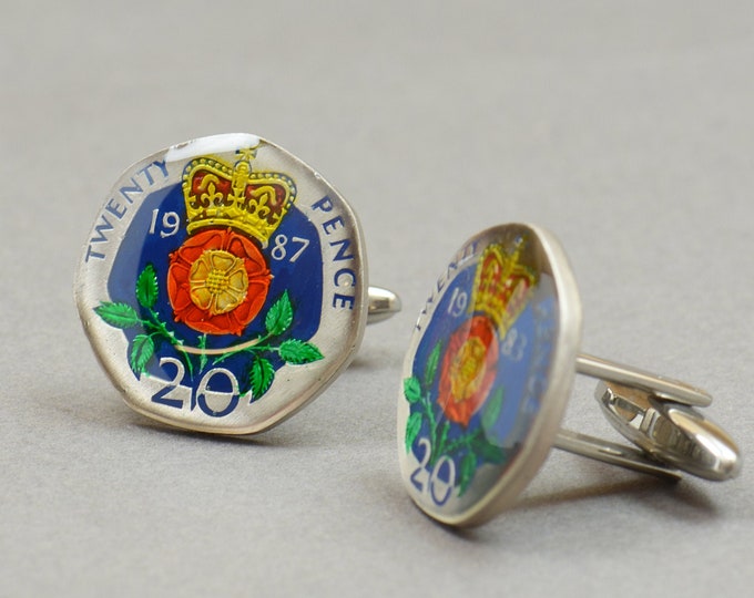 Cufflinks Enameled 20 pence coin Great Britain.United Kingdom Coin Collector Gifts,Dad Coin Gift,Upcycled,mens gift accessories jewelry
