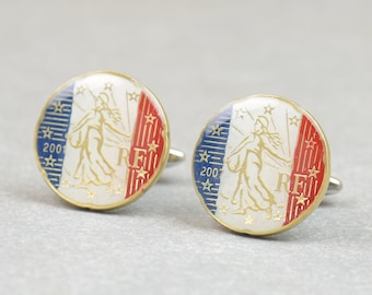 France Cufflinks - 20 cents Euro coins Coin Collector Gifts,Dad Coin Gift,Upcycled,mens gift accessories jewelry.France flag cufflinks