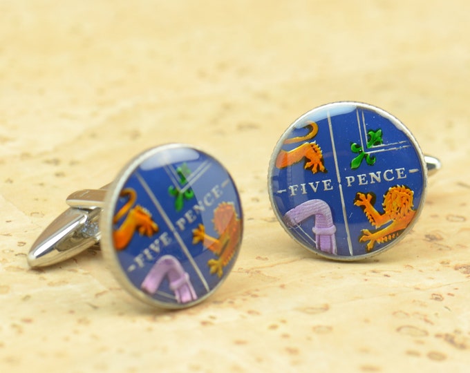 Coin 5 pence Great Britain Painted Cufflinks.United Kingdom Coin Collector Gifts,Dad Coin Gift,Upcycled,mens gift accessories jewelry