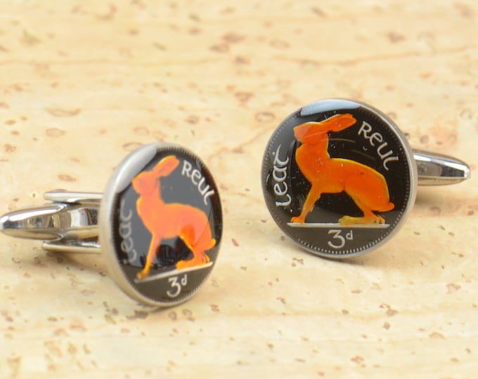 Ireland rabbit Cufflinks - Antique enamel coins Coin Collector Gifts,Dad Coin Gift,Upcycled,mens gift accessories jewelry