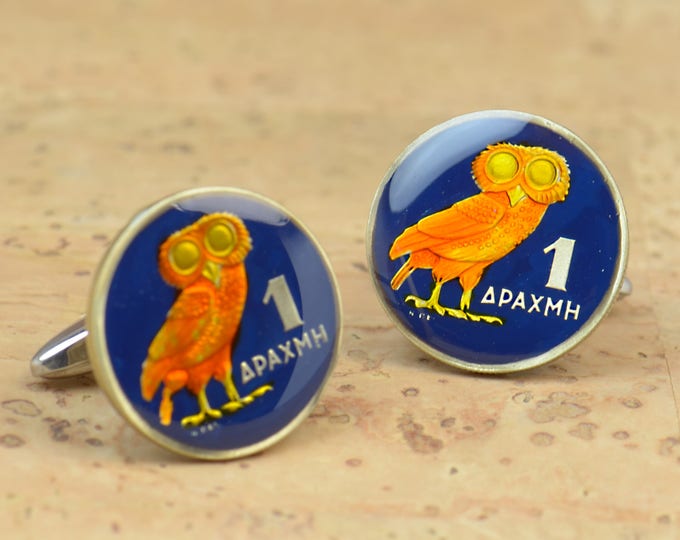 Coin Painted Cufflinks.Drachma Greece.Owl cufflinks Coin Collector Gifts,Dad Coin Gift,Upcycled,mens gift accessories jewelry