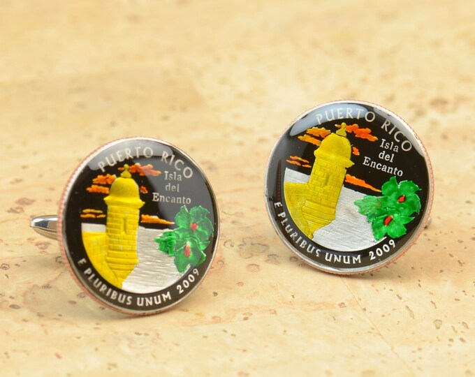 Cufflinks Puerto Rico Quarter. Enamelled cuff links.Stainless steel leg.Coin cufflinks.USA