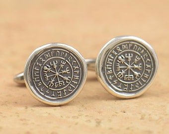 Viking vegvisir Compass sterling silver cufflinks.Men accessories,Stainless steel, Runes Cufflinks,Huld Manuscript Galdrastafir Magic Symbol
