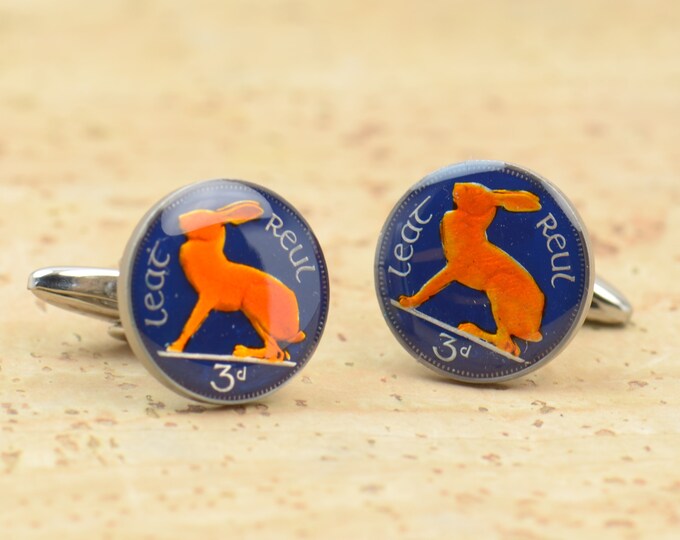 Ireland rabbit Cufflinks - Antique enamel coins Coin Collector Gifts,Dad Coin Gift,Upcycled,mens gift accessories jewelry