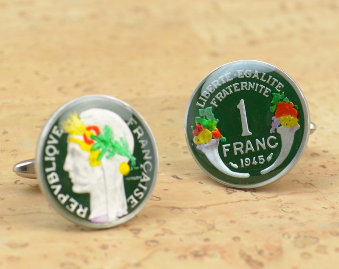 Cufflinks France enamel 1 Franc Coin.Big Size Coin Collector Gifts,Dad Coin Gift,Upcycled,mens gift accessories jewelry