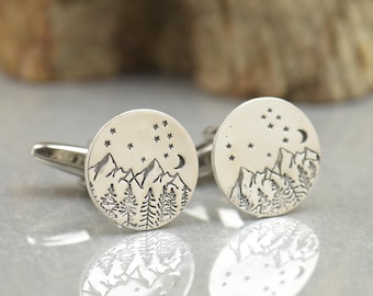 Mountain cufflinks, Pleiades Constellation. Men accessories,Cuff links-Everest-Stainless steel leg.Stamped mountain trees moon shot star