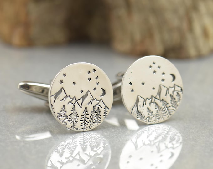 Mountain cufflinks, Pleiades Constellation. Men accessories,Cuff links-Everest-Stainless steel leg.Stamped mountain trees moon shot star
