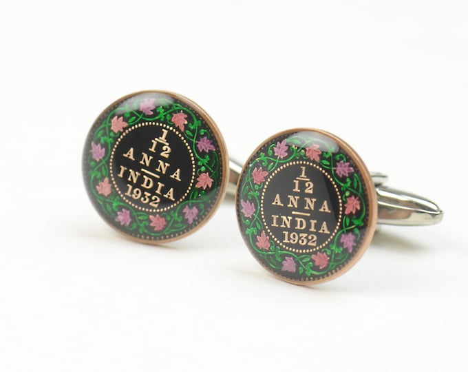 Enamel Cufflinks-India Coin.Enamelled coin.Stainless Steel leg.Mens gift cuff links accessories