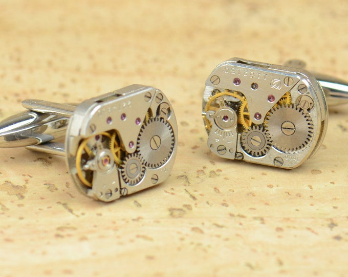 Steampunk watch cufflinks.Stainless steel leg.Watch mechanism movement