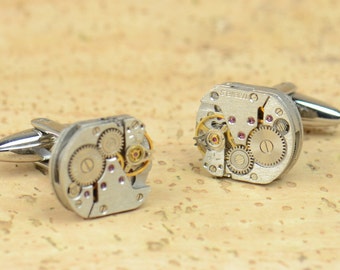 Steampunk watch cufflinks.Stainless steel leg.Watch mechanism movement