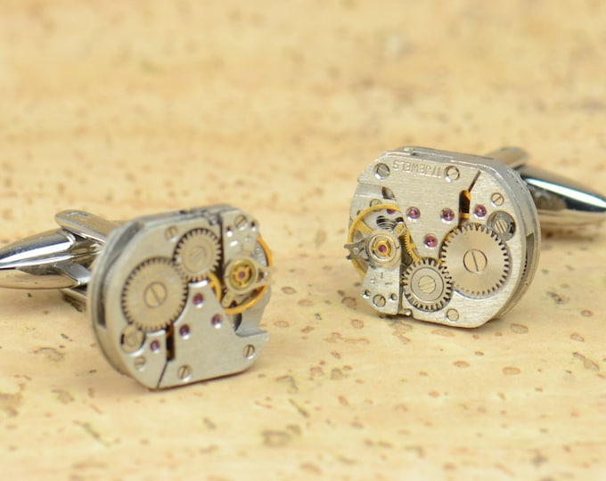 Steampunk watch cufflinks.Stainless steel leg.Watch mechanism movement