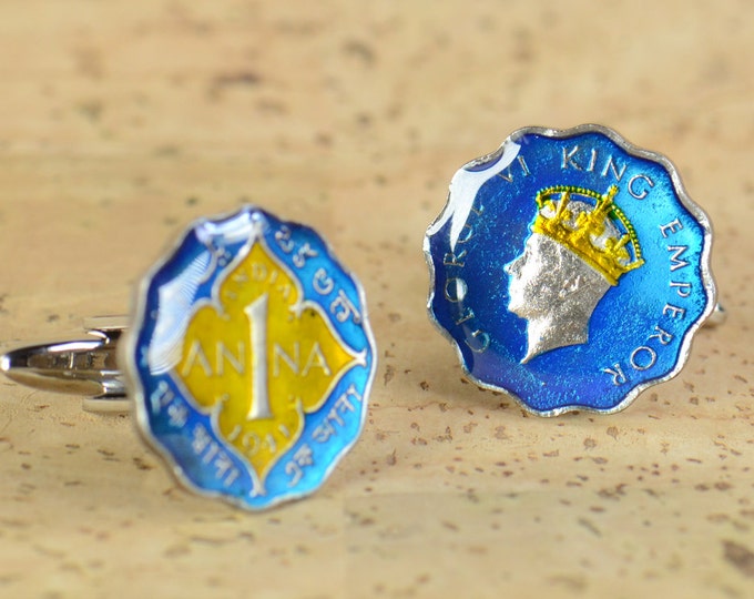 Enamel  Cufflinks-India Coin Coin Collector Gifts,Dad Coin Gift,Upcycled,mens gift accessories jewelry