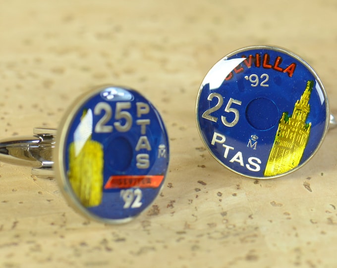 Seville 25 Pesetas Cufflinks coins Coin Collector Gifts,Dad Coin Gift,Upcycled,mens gift accessories jewelry