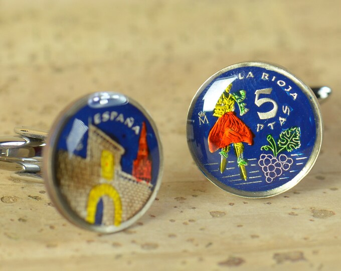 La Rioja  5 Pesetas Cufflinks coins.Spain Coin Collector Gifts,Dad Coin Gift,Upcycled,mens gift accessories jewelry