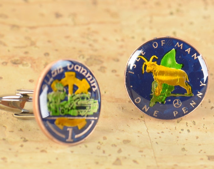 Isle of Man Cufflinks - enamel coins Coin Collector Gifts,Dad Coin Gift,Upcycled,mens gift accessories jewelry
