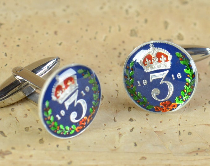 Enamel coin 3 pence Cufflinks Great Britain.United Kingdom Coin Collector Gifts,Dad Coin Gift,Upcycled,mens gift accessories jewelry