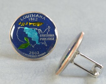 Cufflinks Louisiana Quarter. Enamelled cuff links.Stainless steel leg.Coin cufflinks.USA