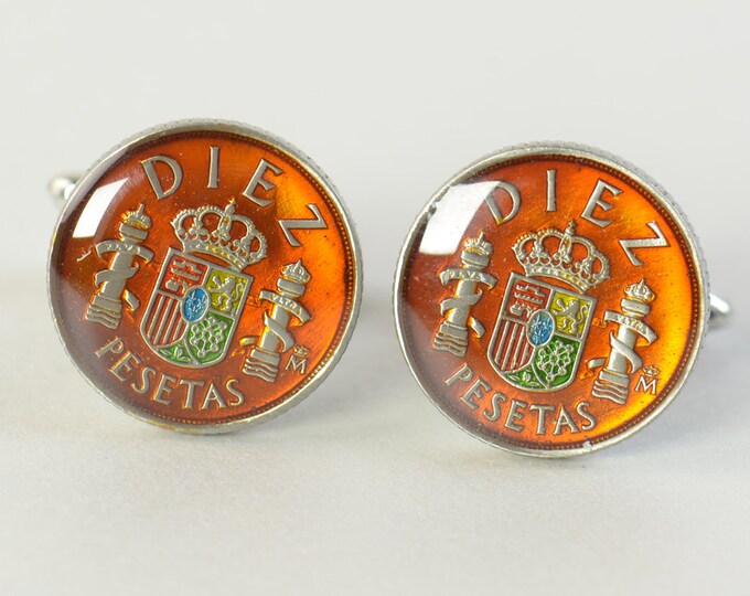 Cufflinks Spanish Vintage enamel coin - gemelos peseta Spain Coin Collector Gifts,Dad Coin Gift,Upcycled,mens gift accessories jewelry
