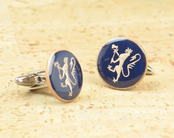 Coin Lion Cuff Links: Dark Blue Enamel Norwegian Coins - Handmade Enamelled, Classic Mens Jewelry, Custom Color Options.Norway Cufflinks