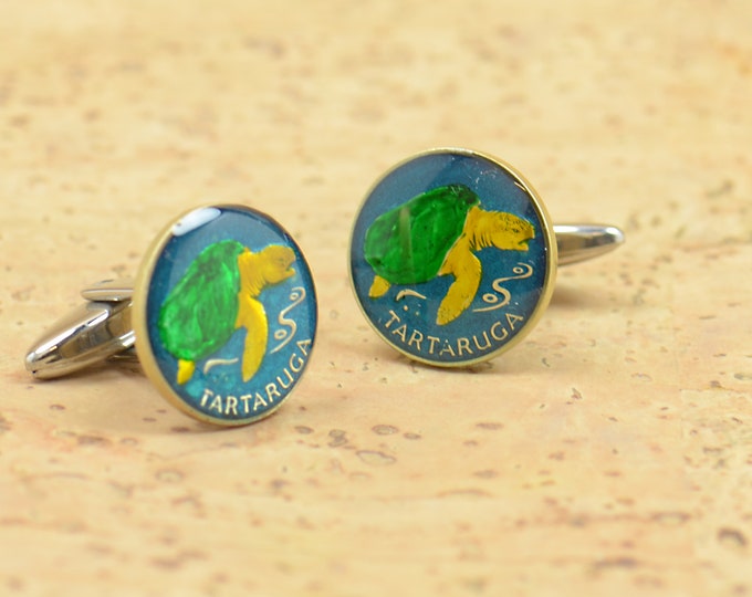 Enamel  turtle Cufflinks - Cape Verde Coin Coin Collector Gifts,Dad Coin Gift,Upcycled,mens gift accessories jewelry