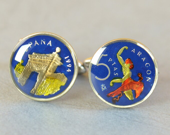 Aragón 5 Pesetas Cufflinks coins.Spain Coin Collector Gifts,Dad Coin Gift,Upcycled,mens gift accessories jewelry