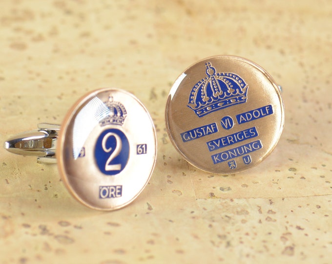 Sweden Bronze 2 Ore Vintage Coin Cufflinks - Sverige King Gustaf VI Scandinavian