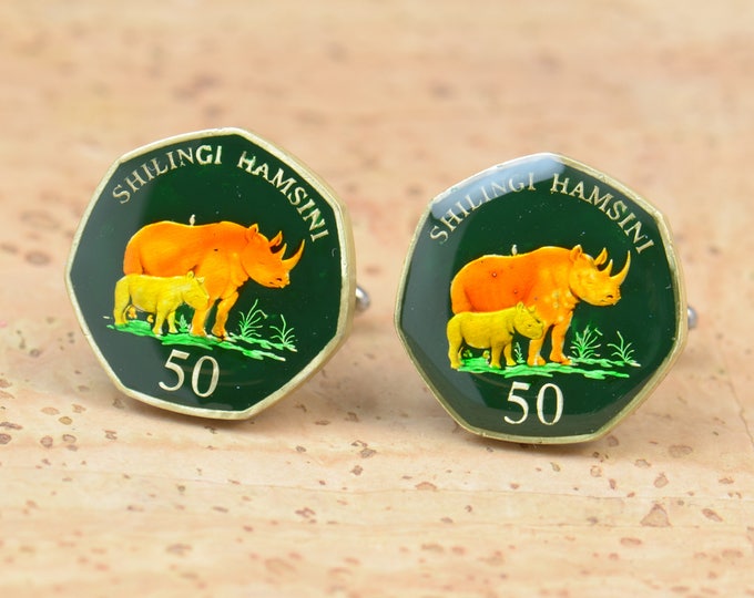 Tanzania rhinoceros Cufflinks Coin Collector Gifts,Dad Coin Gift,Upcycled,mens gift accessories jewelry