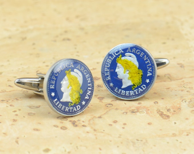 Enamel  Cufflinks - Argentinacoin- Coin Collector Gifts,Dad Coin Gift,Upcycled,mens gift accessories jewelry
