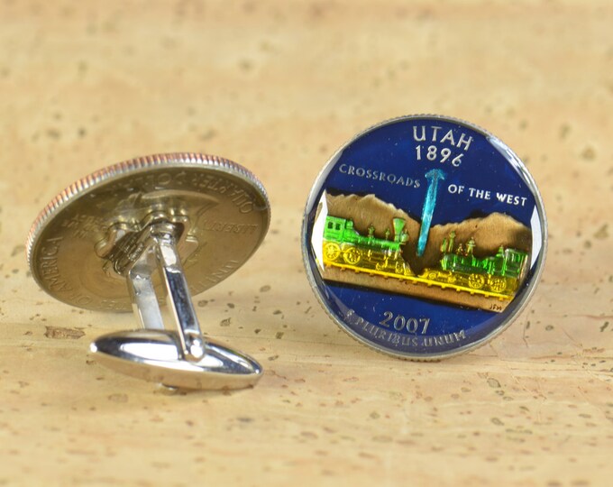 Cufflinks Utah Quarter. Enamelled cuff links.Stainless steel leg.Coin cufflinks.USA