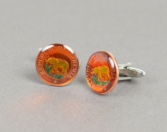 Elephant  Liberia Cufflinks - Antique coins Cuff links accessories mens jewelry gift