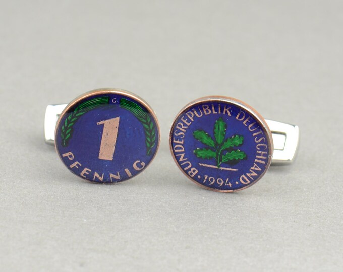 Men Cufflinks Germany enamel Coin.1 Pfennig  Coin Collector Gifts,Dad Coin Gift,Upcycled