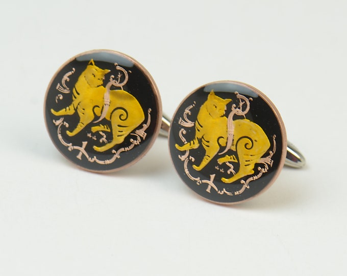 Isle of Man Cufflinks - enamel coins -. Cat cufflinks Coin Collector Gifts,Dad Coin Gift,Upcycled,mens gift accessories jewelry