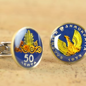 Coin Painted Cufflinks.Drachma Greece Coin Collector Gifts,Dad Coin Gift,Upcycled,mens gift accessories jewelry