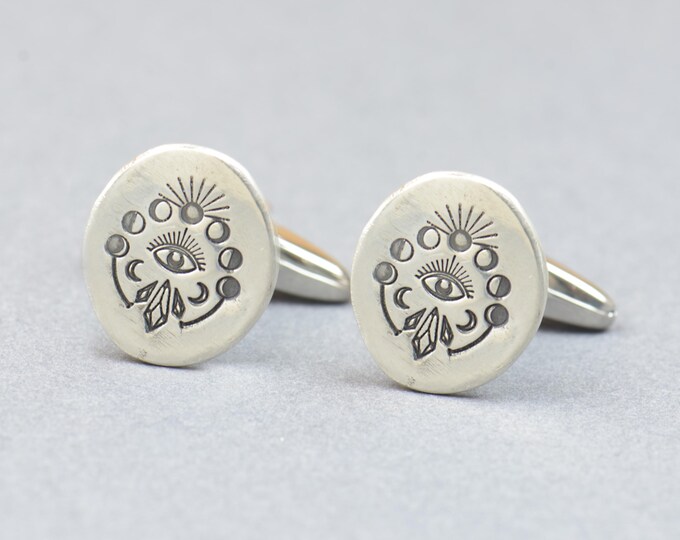 Moon evil eye celestial sterling silver cufflinks.Men accessories,Cuff links- moon lovers.Celestial moon phases