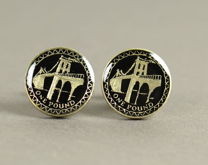 Enamel coin Menai Bridge pound Cufflinks.United Kingdom.Great Britain